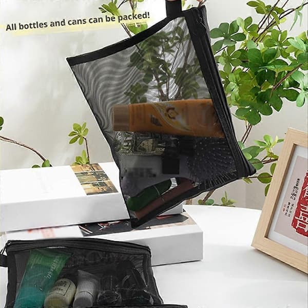 Forenklet koreansk version mesh makeuptaske, bærbar opbevaringstaske Black L