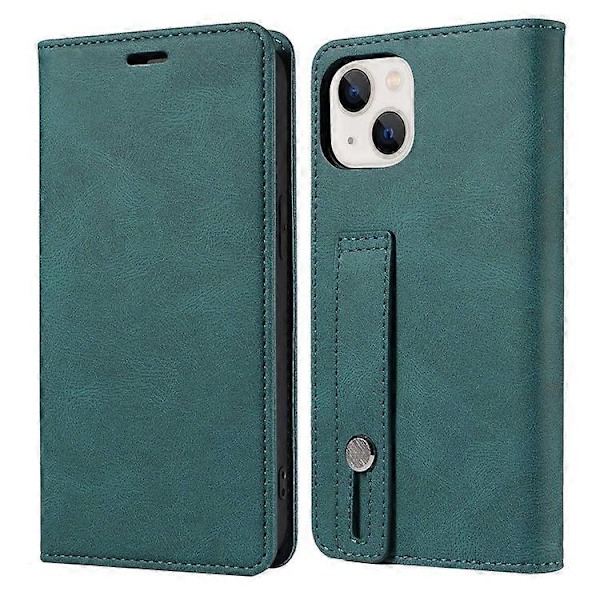 Kompatibelt för iPhone 13 6.1 tum Anti-fall Flip Fodral med Kortfack Magnetiskt PU Läder Plånboksfodral med Ställ och Handledsrem Green