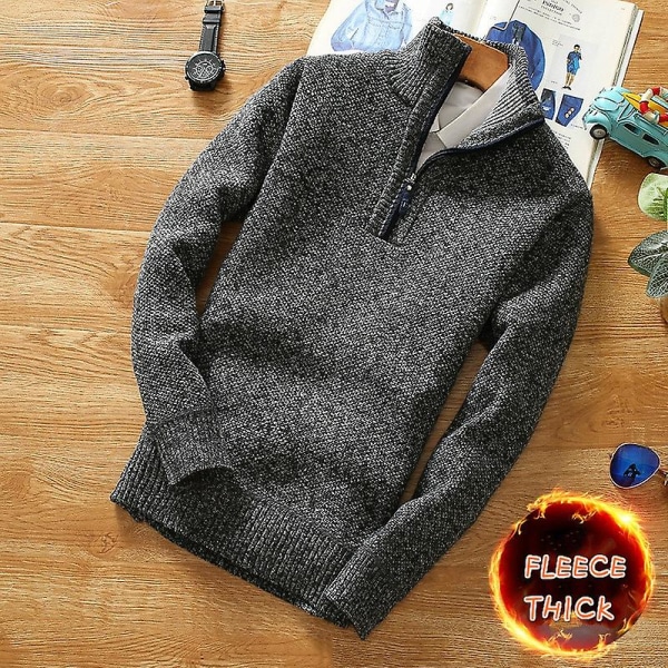 Vinter Herre Fleece Tykkere Sweater Halv Lynlås Rullekrave Varm Pullover Kvalitet Mand Slim Strikket Uld Sweaters Til Forår Dark Grey XL