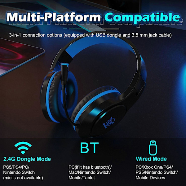 MASACEGON H10 Langaton Kuulokemikrofoni Bluetooth-Yhteensopiva 2.4G Pelikuulokkeet Mikillä PC/PS4/Xboxille/