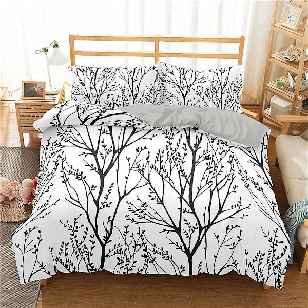 Bäddset med påslakan i bambu, King/Queen size, grönt bambublad och grenmönster, mjukt 2/3-delars täcke i polyester