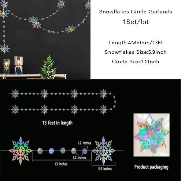 Vinterfestpapper iriserande 3D snöflinga Prickar Girlander Vägghängande Födelsedag Bröllop Baby Shower Snö Juldekorationer 4Meters snow circle