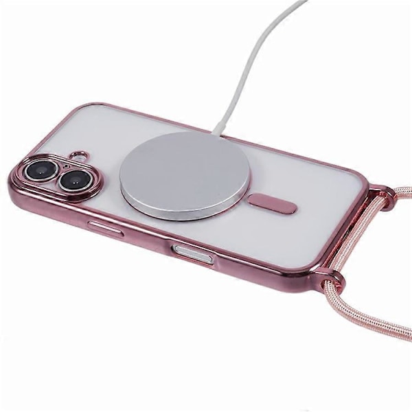 Kompatibelt skal för iPhone 16, kompatibelt med MagSafe, elektropläterad TPU-mobilskydd med långt snöre PinkGold