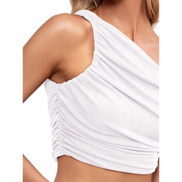 Naisten seksikäs rypytetty yksiolkaiminen hihaton crop top -toppi Camisole VALKOINEN L