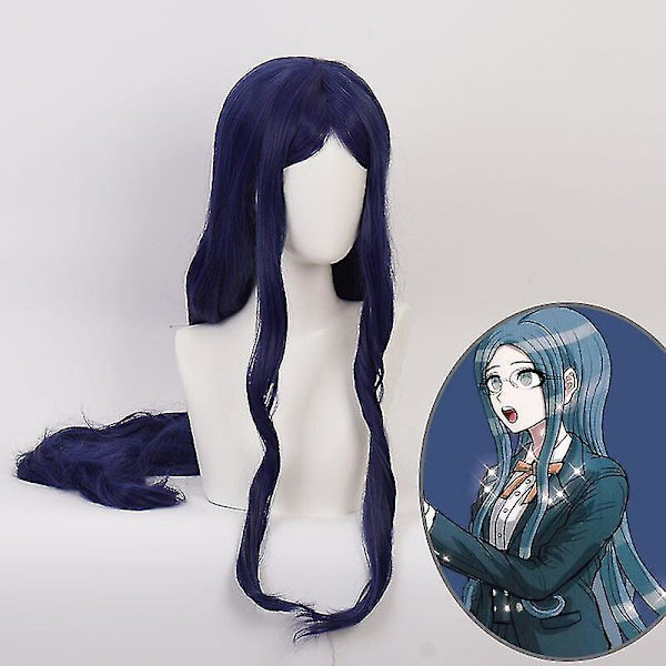Danganronpa Anime Cosplay Peruk Mörkblå Mikro-lockig Långt Hår