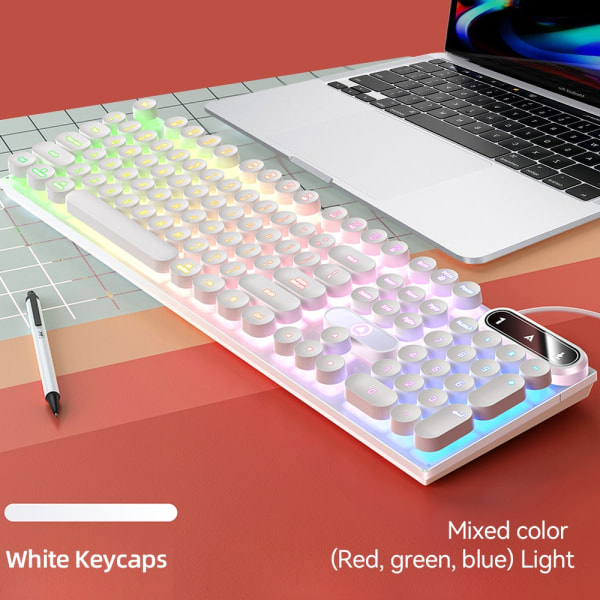 Retro Punk Rund Keycap Gaming Tangentbord Kabelanslutet RGB Bakgrundsbelyst tangentbord USB Bakgrundsbelyst Tangentbord med 104 tangenter white