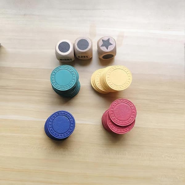 Fun Left Right Throw Dice Game, Includes 3 Wooden Dice and 48 Chips.