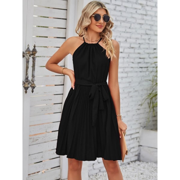 Sommarkort plisserad klänning dam ärmlös halterneckklänning Navy Blue L
