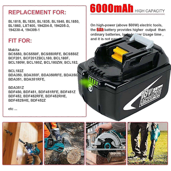 6.0 Ah Erstatningsbatterier til Makita 18 V, Kompatibel med Makita 18 V Batteriværktøj Erstatning for Makita Batteri