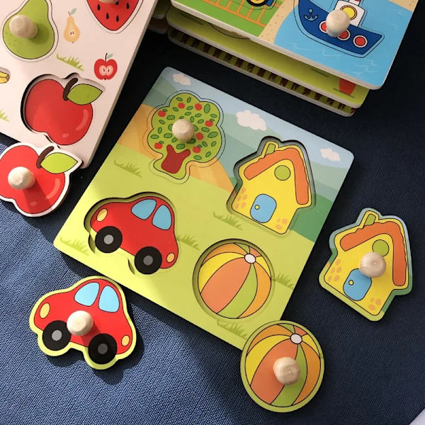 3D-pussel Träleksaker Barns Handskrapbräda för 1 2 3 År Baby Montessori Tidig Utbildning Frukt Kognitivt Pussel Leksak 3
