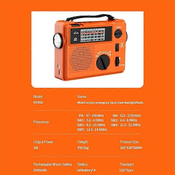 2000MAh Nødradio Bærbar Håndsveivradio AM/FM/SW LED Værvarslingsradio med Lommelykt
