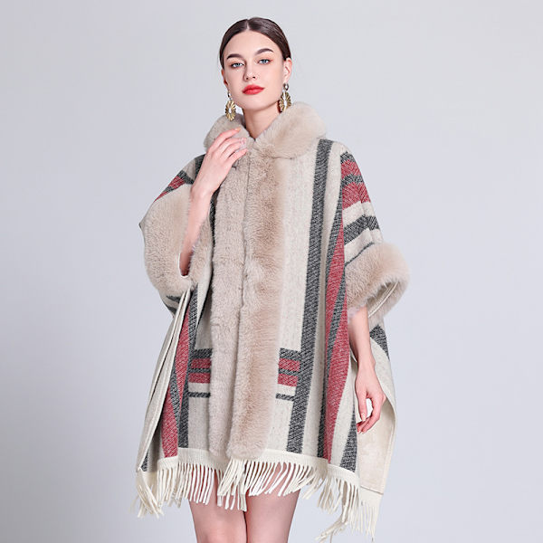 Moderigtig kappe-sjal til efterår og vinter plus fløjl fortykket pels krave plaid hætte kvast strikket sjal kappe Vertical beige plus velvet 80-100cm