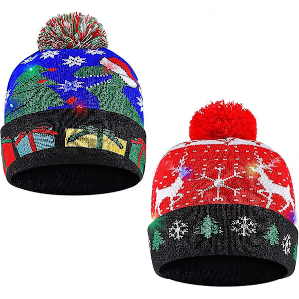 2-pack Julhatt, LED Julmössa, Lysande Stickad Mössa för Julfest, Julbordsgåvor för Barn & Vuxna, 2420cm