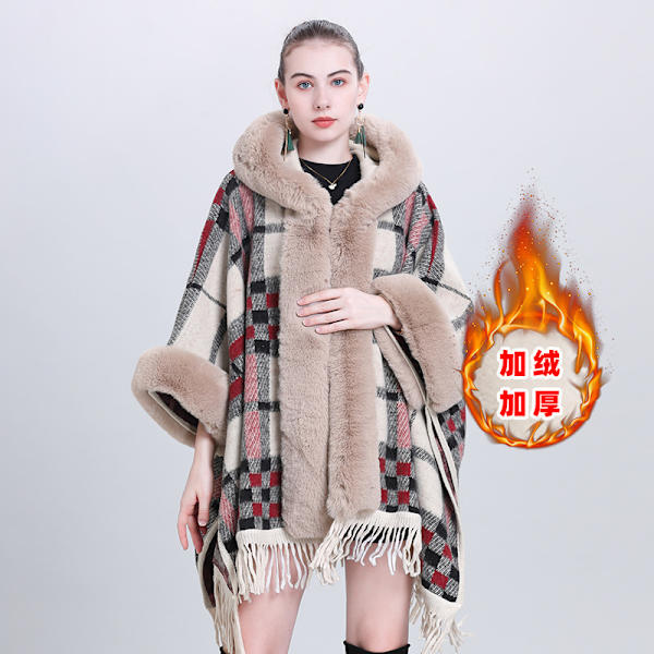 Höst- och vintertrendig cape sjal plus sammet förtjockad pälskrage rutig huva tofs stickad sjal cape New plaid plus velvet 80-100cm