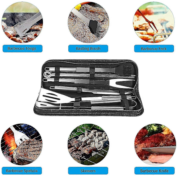 Grillverktygsset med förvaringsväska, 9 i 1 grilltillbehör i rostfritt stål, grillredskap för utomhus- och inomhusbruk, värmebeständigt, lätt att rengöra, Åter