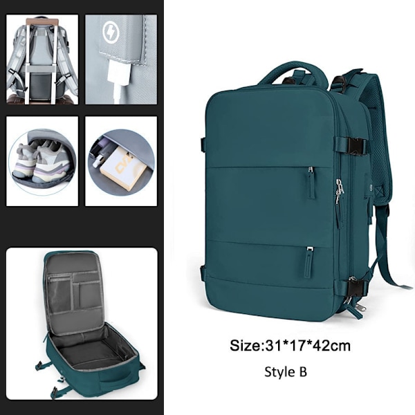 Sisäänvedettävä matkareppu, unisex, kannettavan tietokoneen laukku, naisten suuri duffelilaukku, miesten opiskelijoiden työmatkareppu USB-latauksella Darkgreen Style B