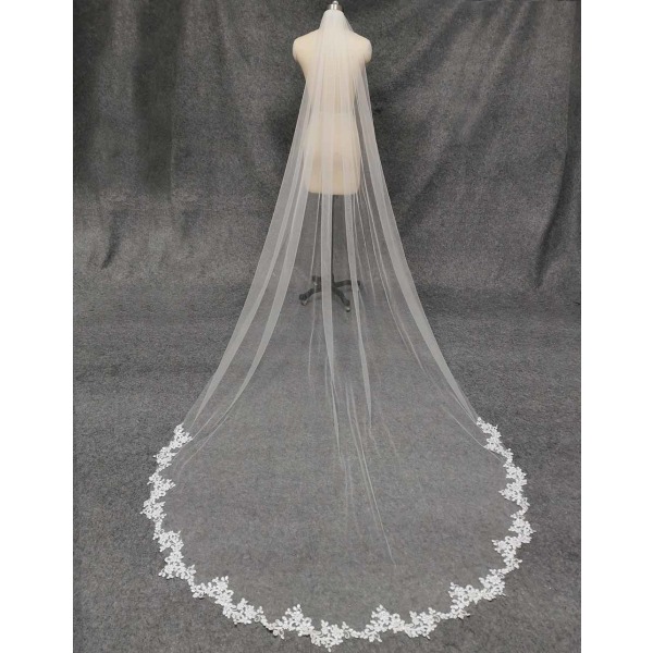 Spetsapplikation 3M Längd 1,5M Bredbandskam Bröllopsklänning Ett lager Vit Elfenben Mjuk Tyll Brudslöja Ivory 300cm