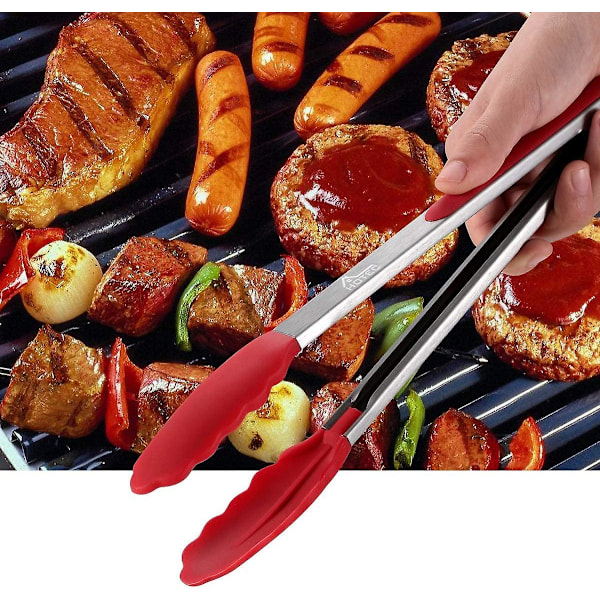 Set med 5 Små Tänger i Silikon 18 cm Mini Serveringstänger Små Tänger i Silikon Matlagningstänger i Rostfritt Stål för Sallader, Grillning, Stekning och Matlagning.