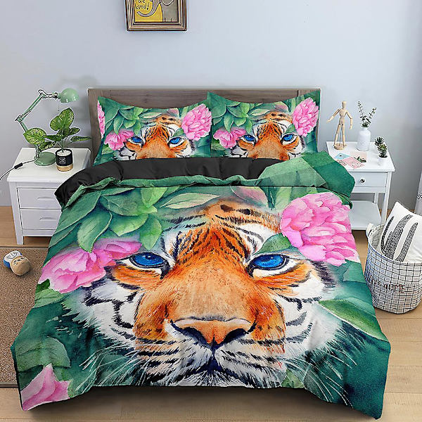 Tiger Blomster King Queen Dynetrekk Dyr Blomster Sengetøy Sett For Barn Tenåring Voksen Jungel Grønne Planter Dyreliv Mykt Dynetrekk