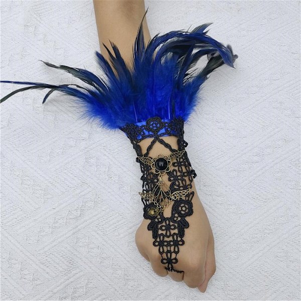 Halloween Fjer Handsker Krog Gotisk Stil Bal Broderede Armbånd Fest Blonde Tilbehør sapphire blue