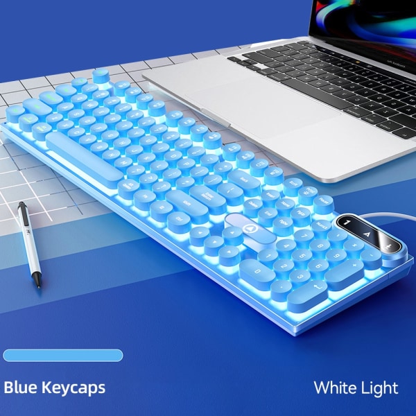 Retro Punk Rund Keycap Gaming Tangentbord Kabelanslutet RGB Bakgrundsbelyst tangentbord USB Bakgrundsbelyst Tangentbord med 104 tangenter blue