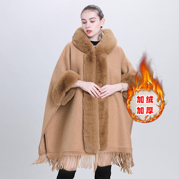 Moderigtig kappe-sjal til efterår og vinter plus fløjl fortykket pels krave plaid hætte kvast strikket sjal kappe Camel plus velvet 80-100cm