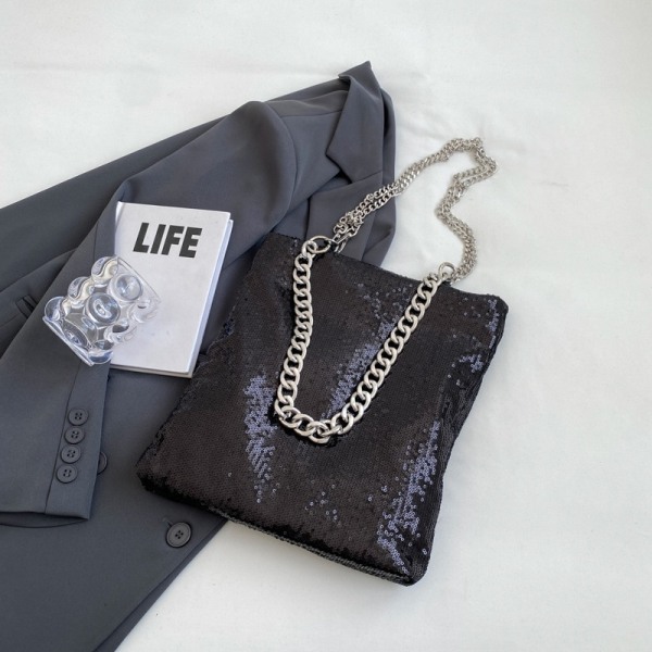 Metallic Silver Tote Bag Handväska Lyx Paljett Dam Axelväska Kedja Crossbody Väska black 25x4x30cm