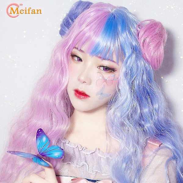 Meifan Lang Bølgete Krøllete Lolita Cosplay Parykk Med Pannelugg Lys B