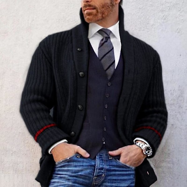 Långärmad cardigan för män, slim fit, varm vinterjacka med öppen front Black M