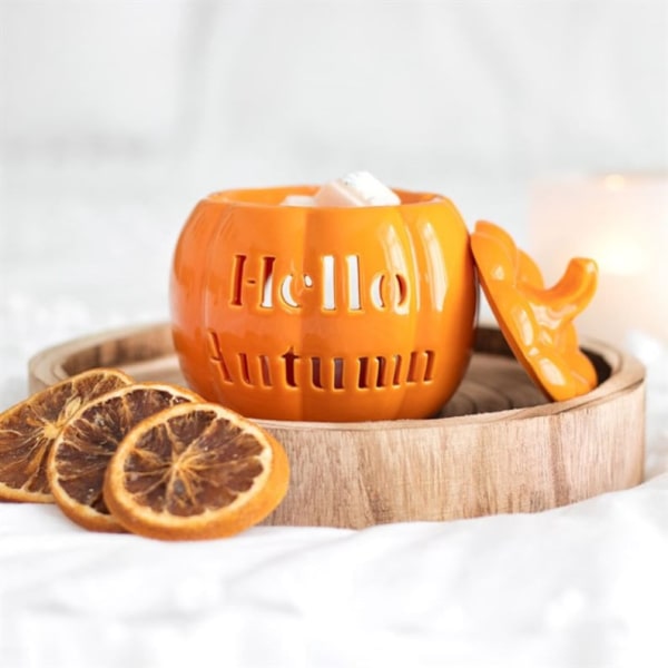 Orange 'Hej höst' pumpavaxvärmare | Halloween heminredning | Pumpkin Spice Soy Wax smälter | Höstens heminredning | Pumpavaxsmältare