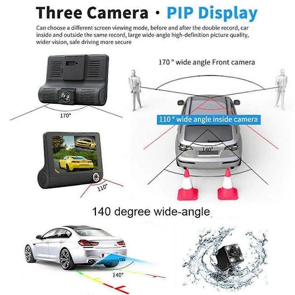 4 tuuman auton DVR-kojelaudan kamera HD-näyttö 1080P 3 linssin videonauhuri edestä + sisältä + takaa