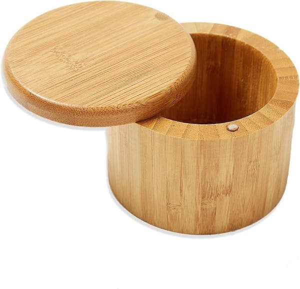 Rund Saltbox av Bambu, Kryddburk, Kryddförvaring, Kryddbehållare av Naturlig Bambu