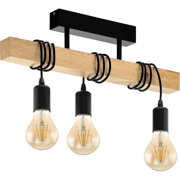 Taklampa, vintage taklampa med 3 lågor i industriell design, retro taklampa i stål och trä, färg: svart, brun, sockel: E27