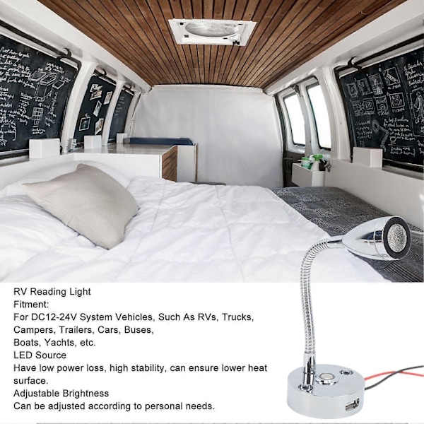 RV Læselampe LED Krom Indendørs Sengelampe Båd Yacht USB 3 Justerbar Lysfarve Touch Lampe DC12 til 24V