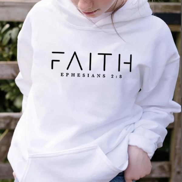 Faith Hoodie Efesierbrevet Bibelvers Huvtröja Kristen Klädsel Kristen Dam Pullover Unisex Trendig Hoodie White XXL