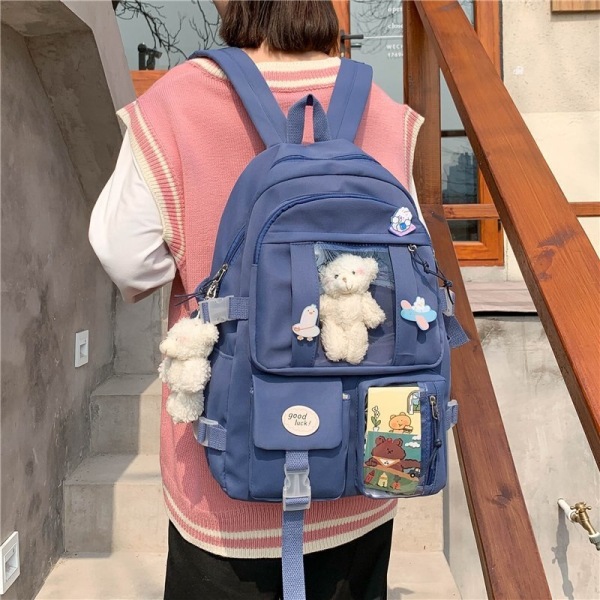 Søt Jente Ryggsekk Kawaii Bjørn Dekor Vanntett Multi-Lomme Nylon Skole Ryggsekk 3 Bag with 2 bear