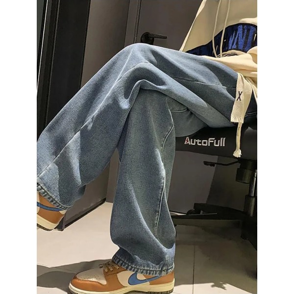 Streetwear Høj Talje Lige Brede Ben Jeans Dame Vinter Snøre Afslappede Denim Jeans Koreansk Mode Slankende Hyggelige Bukser Nye dark blue S