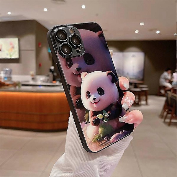 Kompatibelt för iPhone 13 Pro Sött Panda Mönster Tryck Härdat Glas+TPU Telefonfodral med Linsskydd Black