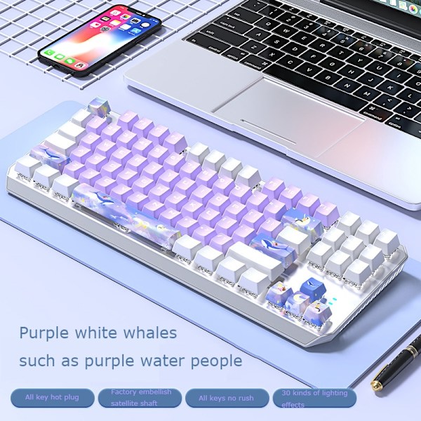 TK87 mekanisk tastatur 87-tasters fullt utbyttbart kablet gamingtastatur purple white
