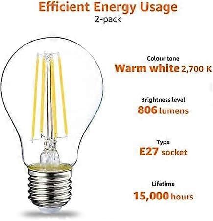 LED E27 Edison Skruvlampa, 7W (motsvarar 60W), Klar Glödtråd, Varmvit, Ej Dimbar, (2-pack)