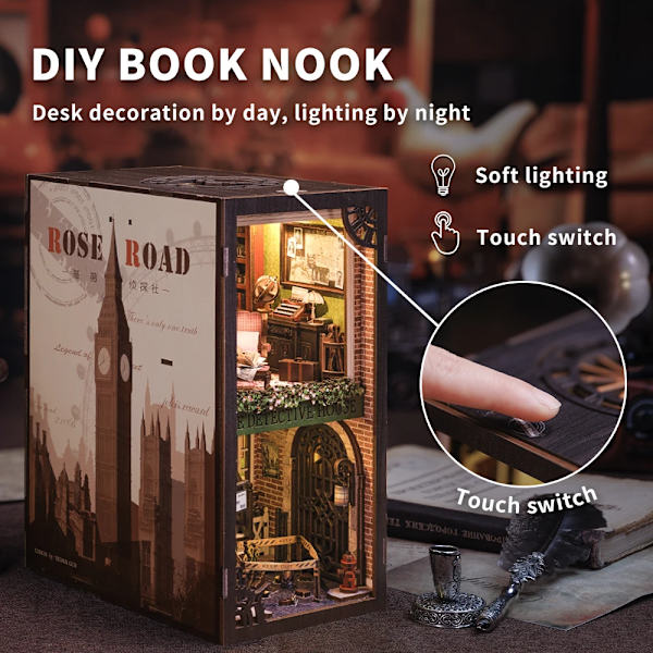 Cutebee 3D Pussel Bokstöd i Trä DIY Dockhus Bokhylla Leksaker Miniatyrhus Bokvrå med Dammtätt Skydd Gåvor Detective Agency