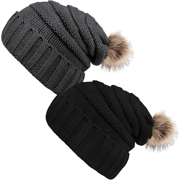 2 st Dam Vintermössa med Pompom, Varm Stickad Mössa med Fleecefoder