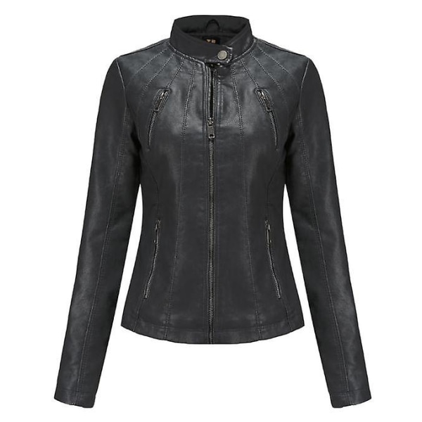 Læder PU Jakke Kvinder Efterår Langærmet Lynlås Slank Mode Motorcykel Oversize Jakke Kunstlæder Frakker Overtøj Black XL