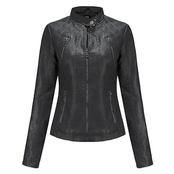 Läderimitation Jacka Dam Höst Långärmad Dragkedja Slim Mode Motorcykel Oversize Jacka Faux Läderrockar Ytterkläder Black M