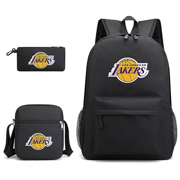 Tredelat Skolväska Lakers Tryckt Pennväska Axelväska Black Three piece set