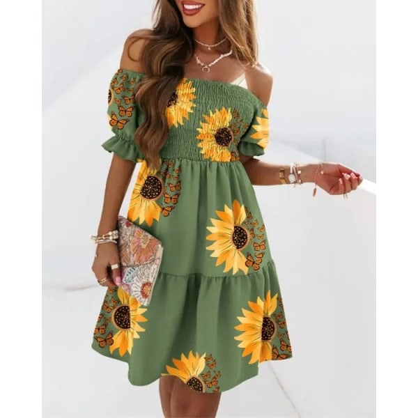 Sexy Off Shoulder Mini Kjole Dame Sommer Løs Boho Print Party Kjole green L