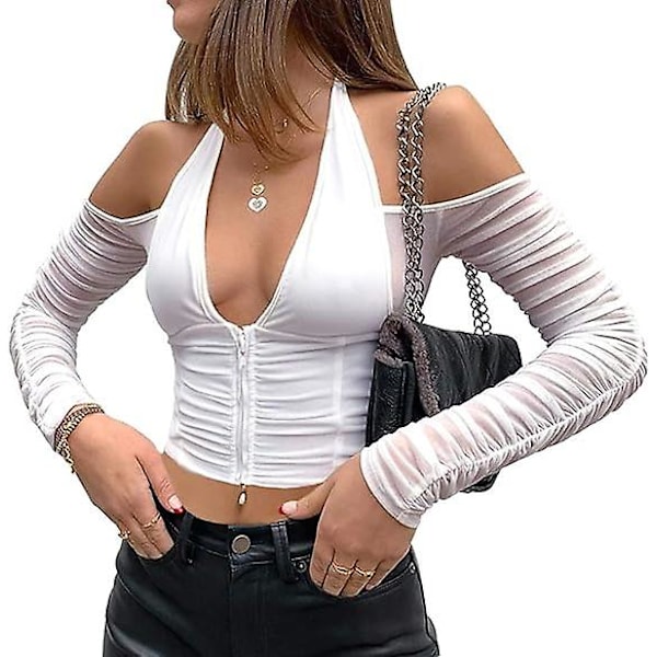 Haltertopp för dam, långärmad crop top Y2k djup V-ringad t-shirt, L