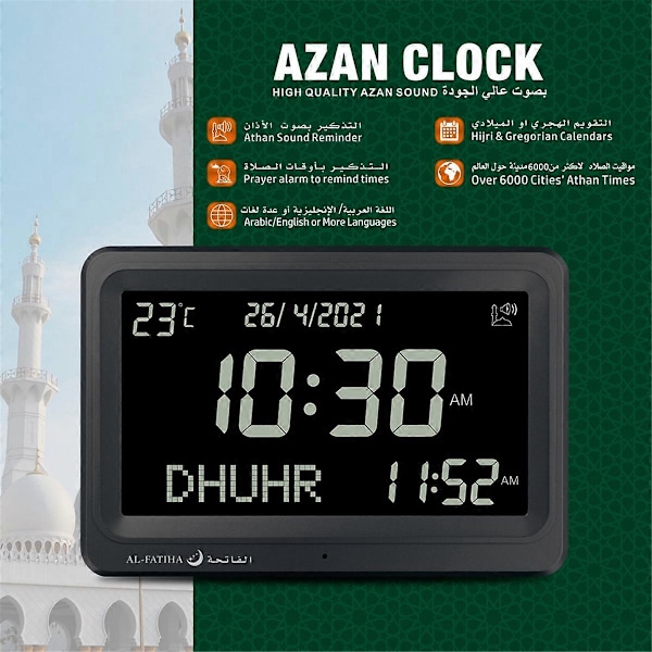 Azan Klocka Automatisk Världsomspännande Digital 8 Azan Böneutrop Islamisk Vägg- och Bordsklocka