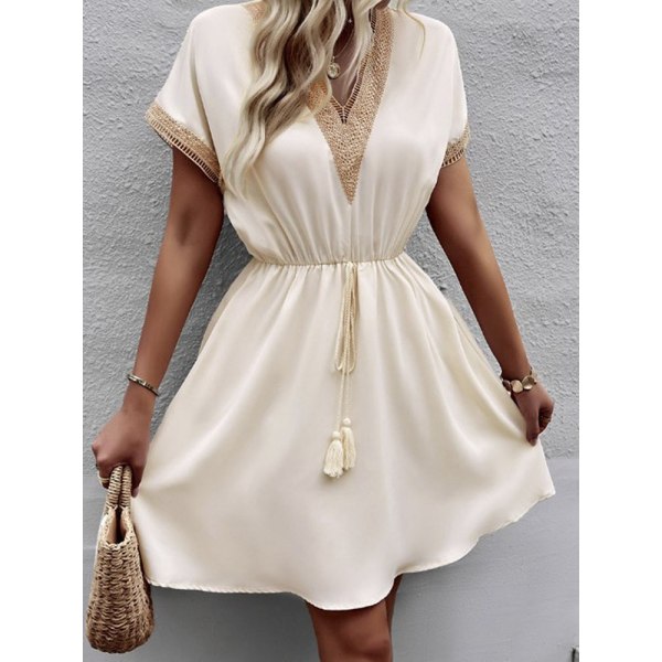 Dame Vintage Mini Kjole Sommer Mote Ensfarget V-hals Løs Knytekjole EA06132-Khaki M