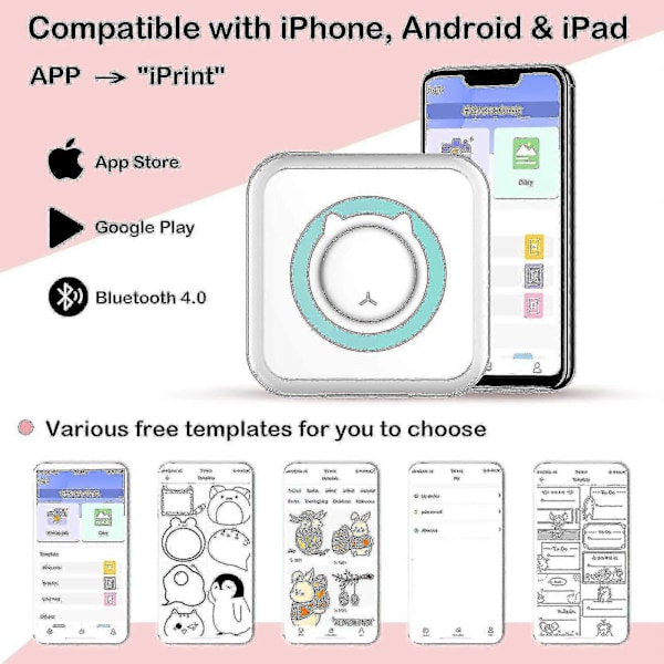 Mini taskutarratulostin, Bluetooth langaton kannettava mobiilitulostin lämpötulostin muistiinpanoille, muistioille, valokuville, taskutarrakuittitulostin C